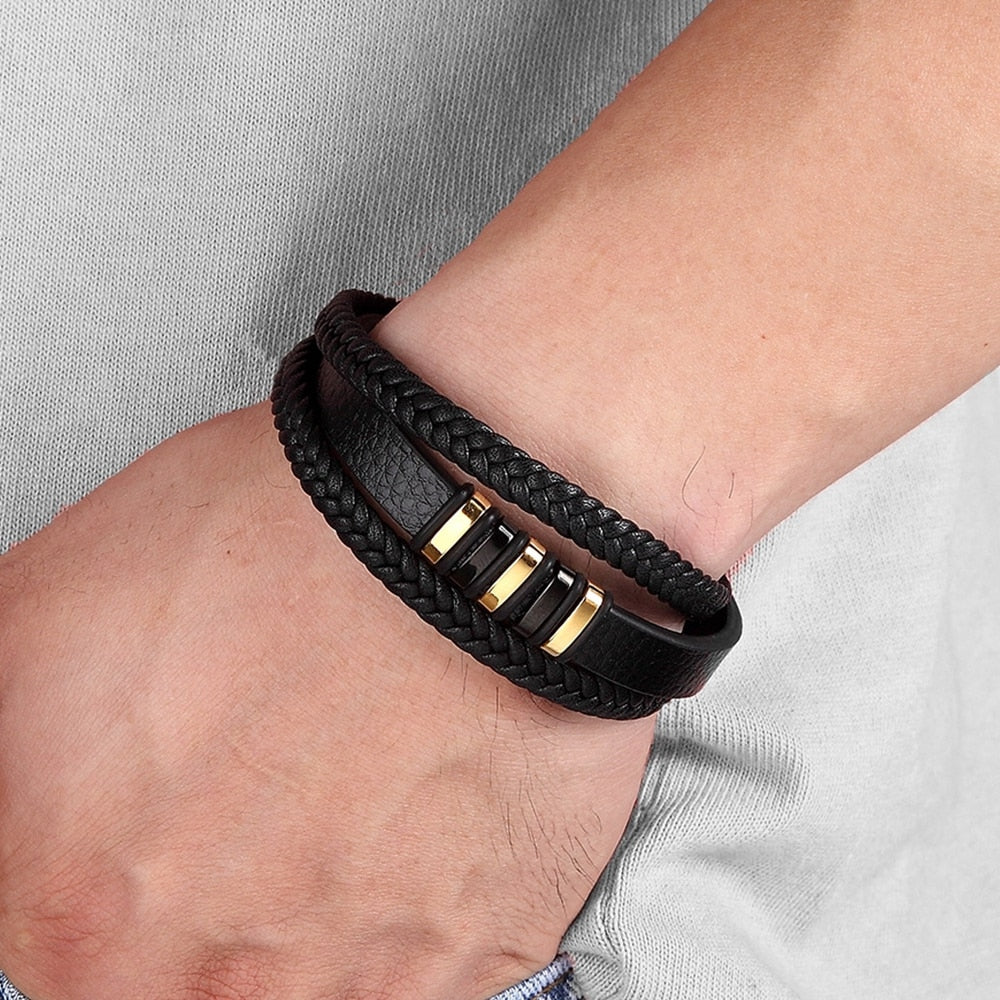 3 lager Black Punk Style Design Läder armband för män